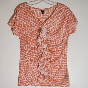 Rafaella Studio Top Womens Medium Orange Ruffle Blouse Spotted Casual Stretch M